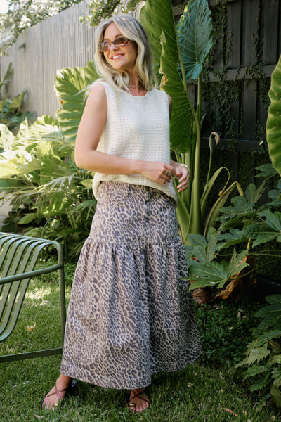 Drop Waist Denim Midi Skirt Leopard