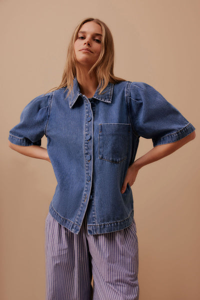 Dylan Pleat Sleeve Demin Shirt Fresh Indigo
