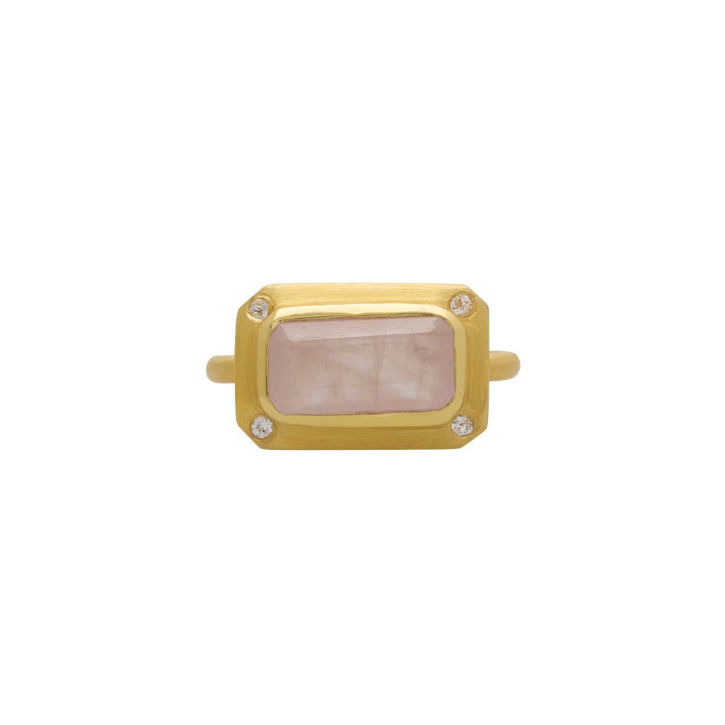 Rose Quartz Ring with White Topaz - 18 kt Gold Plate