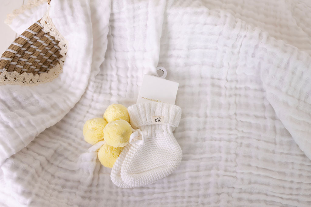 Knitted Booties 0-6M - Yellow Pom poms