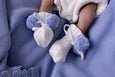 Knitted booties - 0-6M - Blue Pom Poms