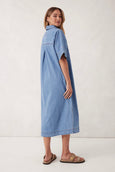 Short Sleeve Yoke Detail Midi Dress  - Vintage Blue