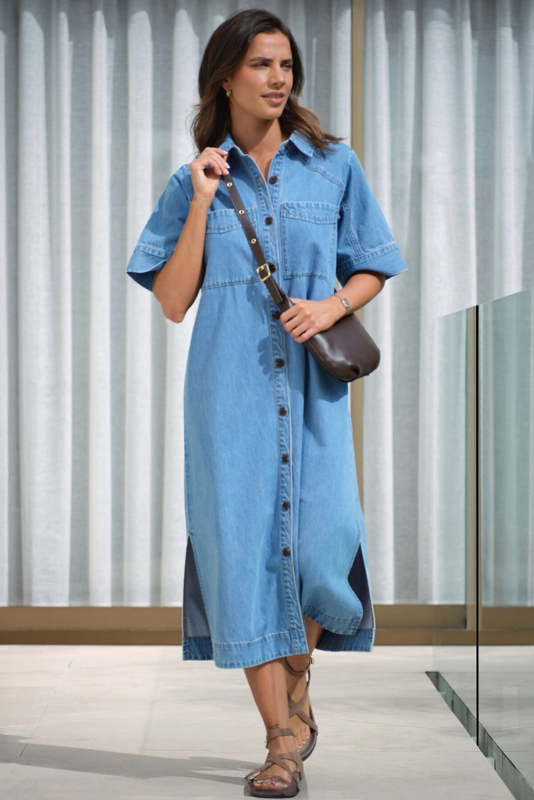 Short Sleeve Yoke Detail Midi Dress  - Vintage Blue