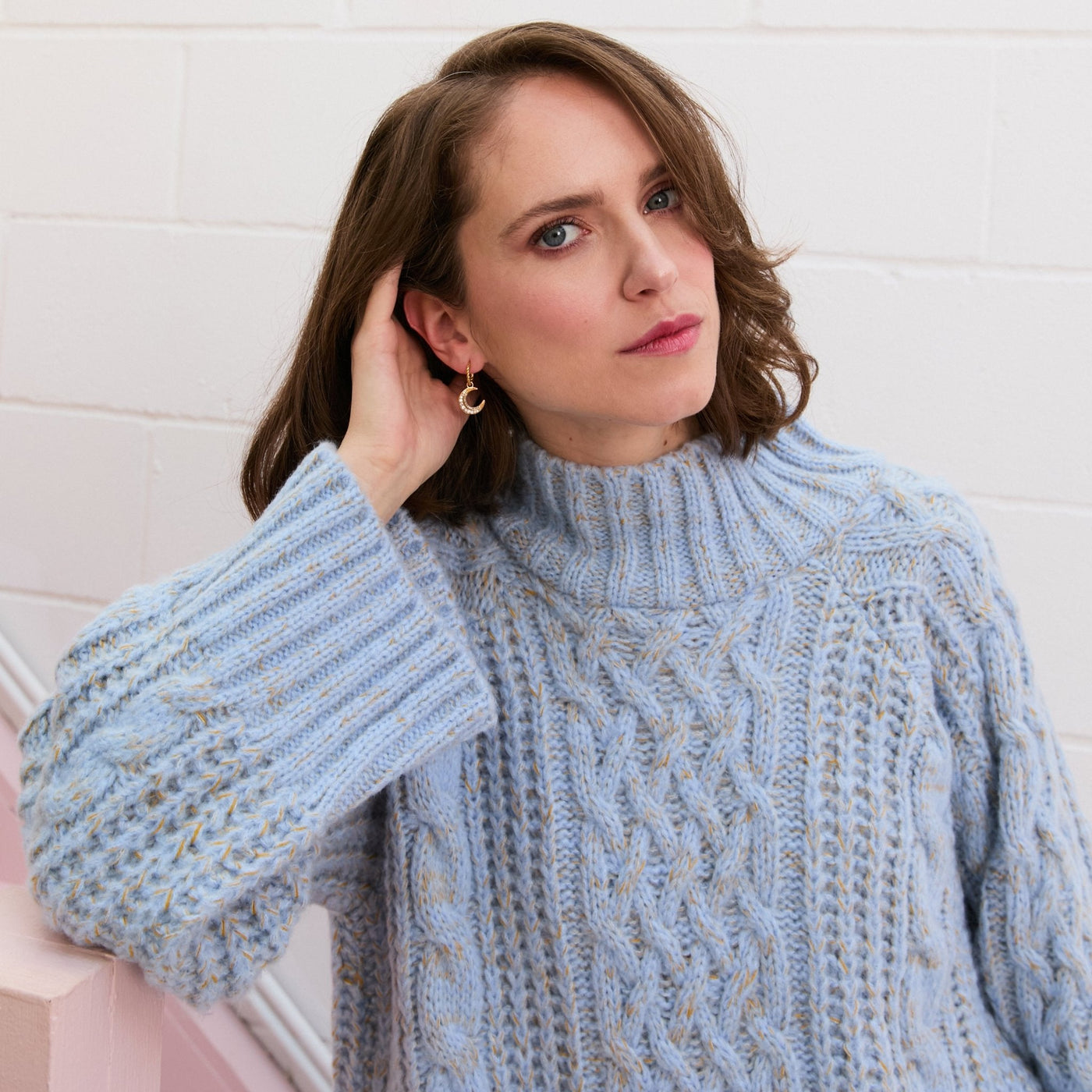 Sarah High Neck Cable Jumper - Blue
